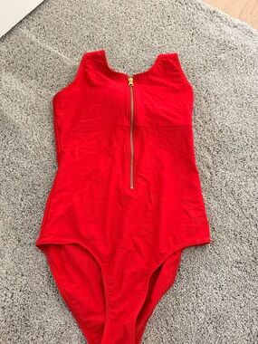 Girls' Red Zip-Front One-Piece Swimsuit